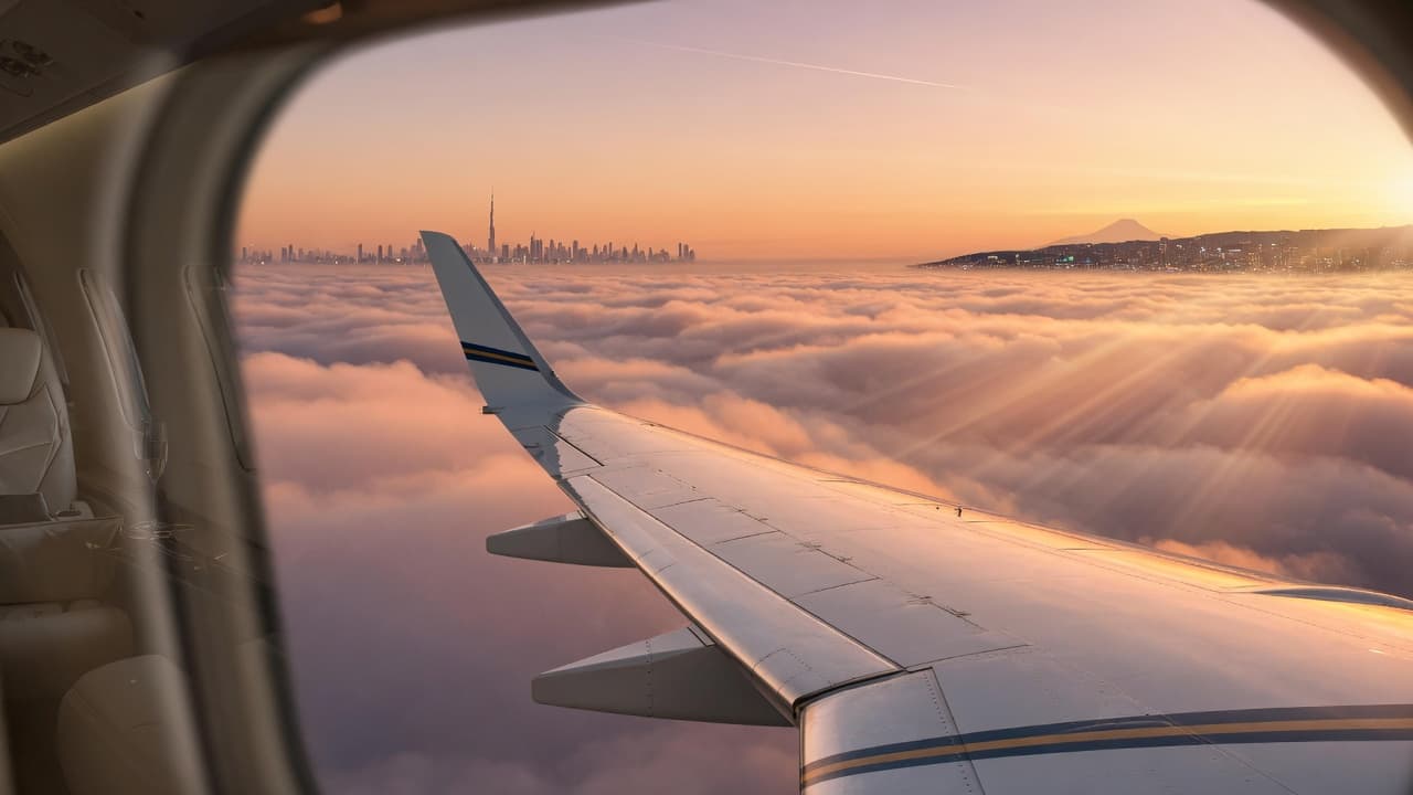 Private aircraft wing above clouds in warm evening light