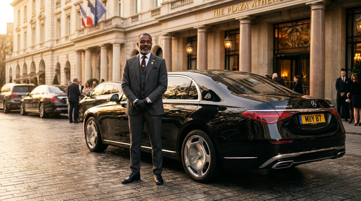 Black-suited chauffeurs receiving service training beside a luxury vehicle