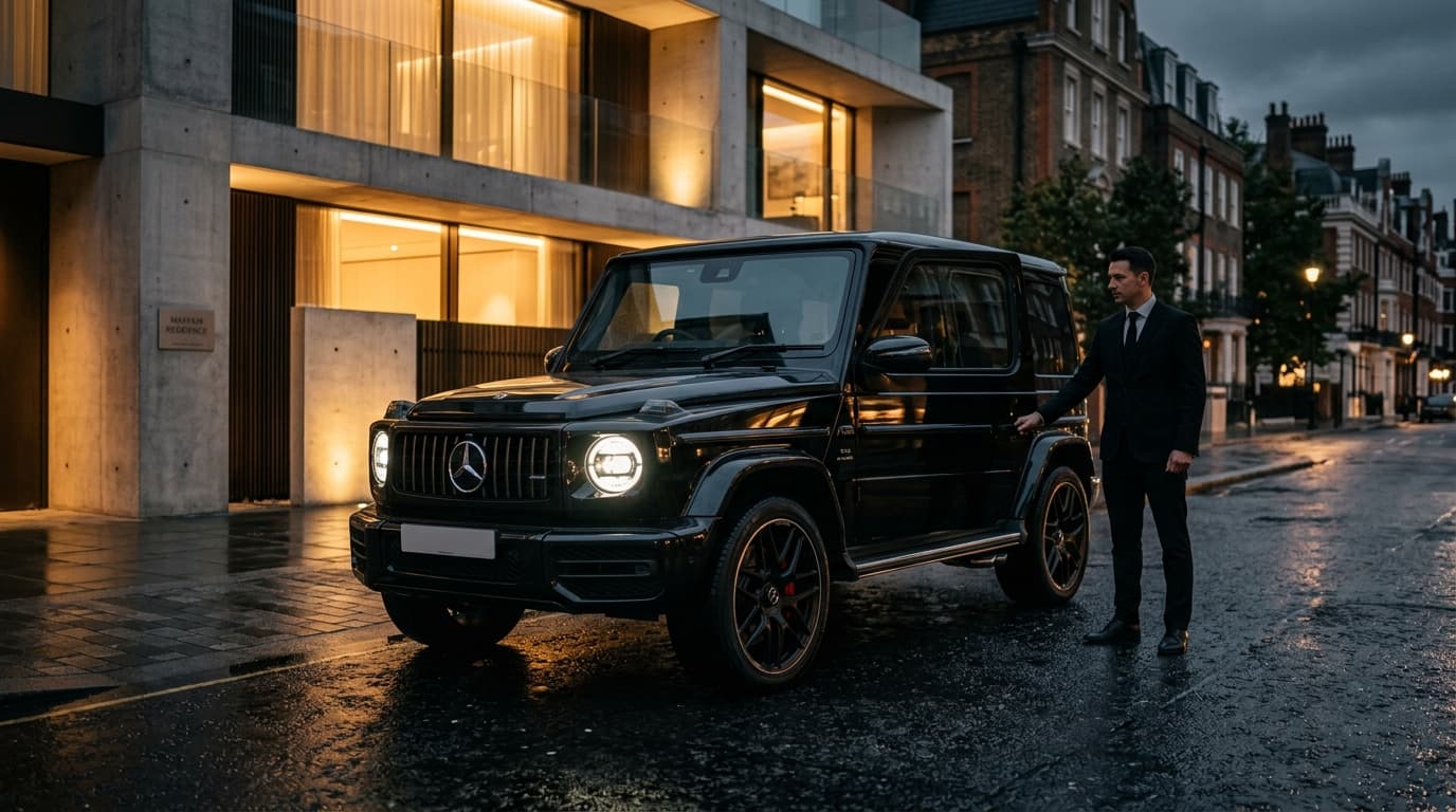 Onyx black Mercedes-Benz G63 AMG attended by suited chauffeur in Mayfair London