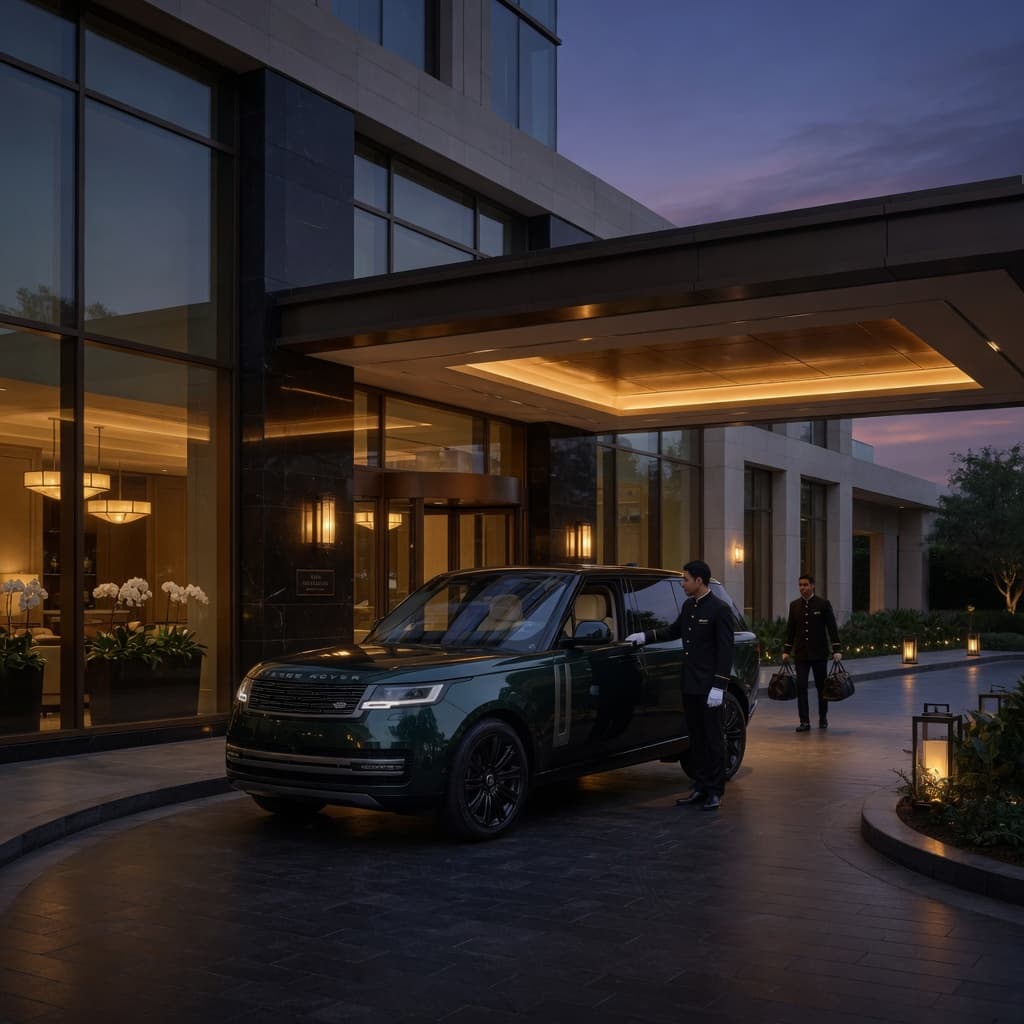 Dark luxury SUV arriving at a modern hotel