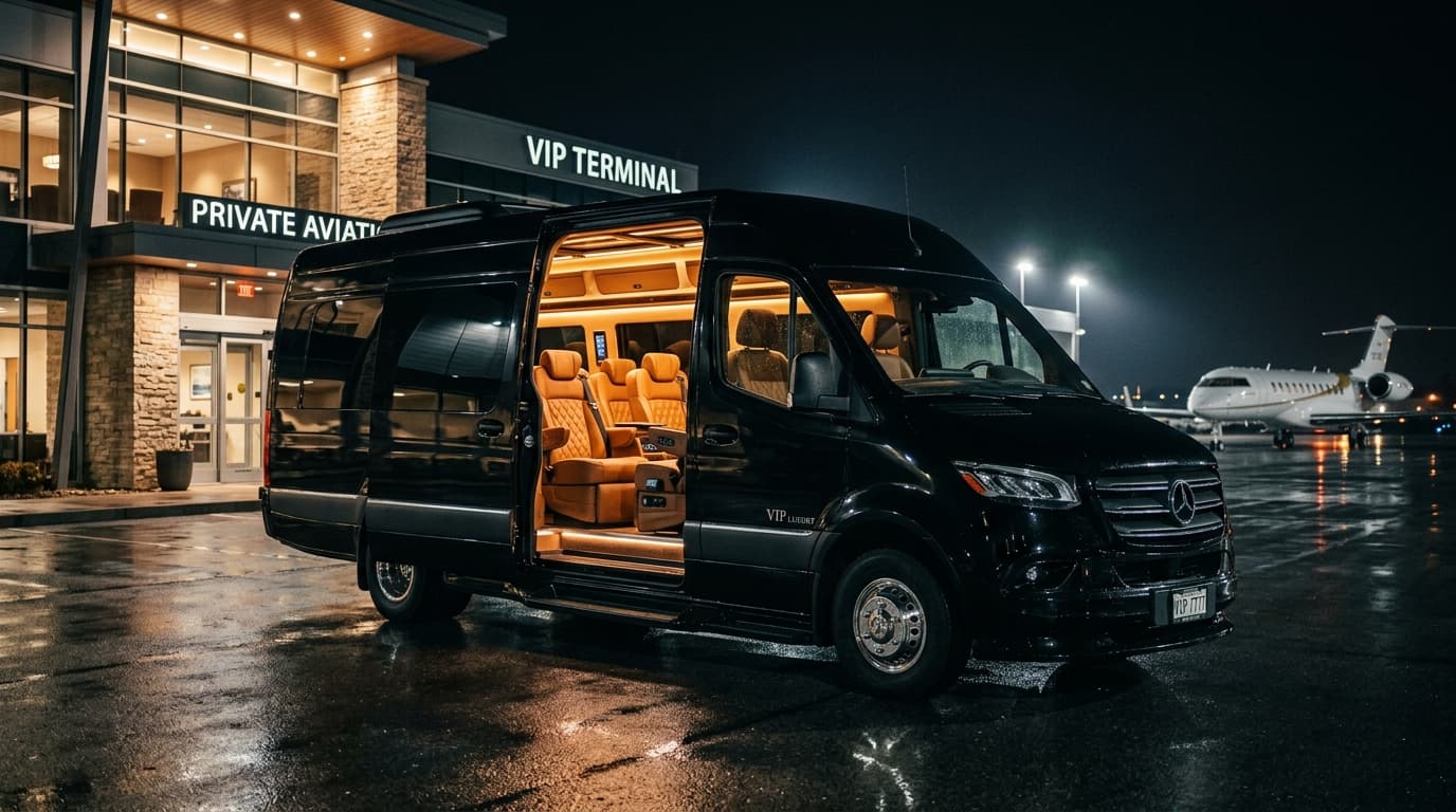 Obsidian black Mercedes-Benz VIP Sprinter Bus parked outside private aviation terminal at night with warm illuminated interior