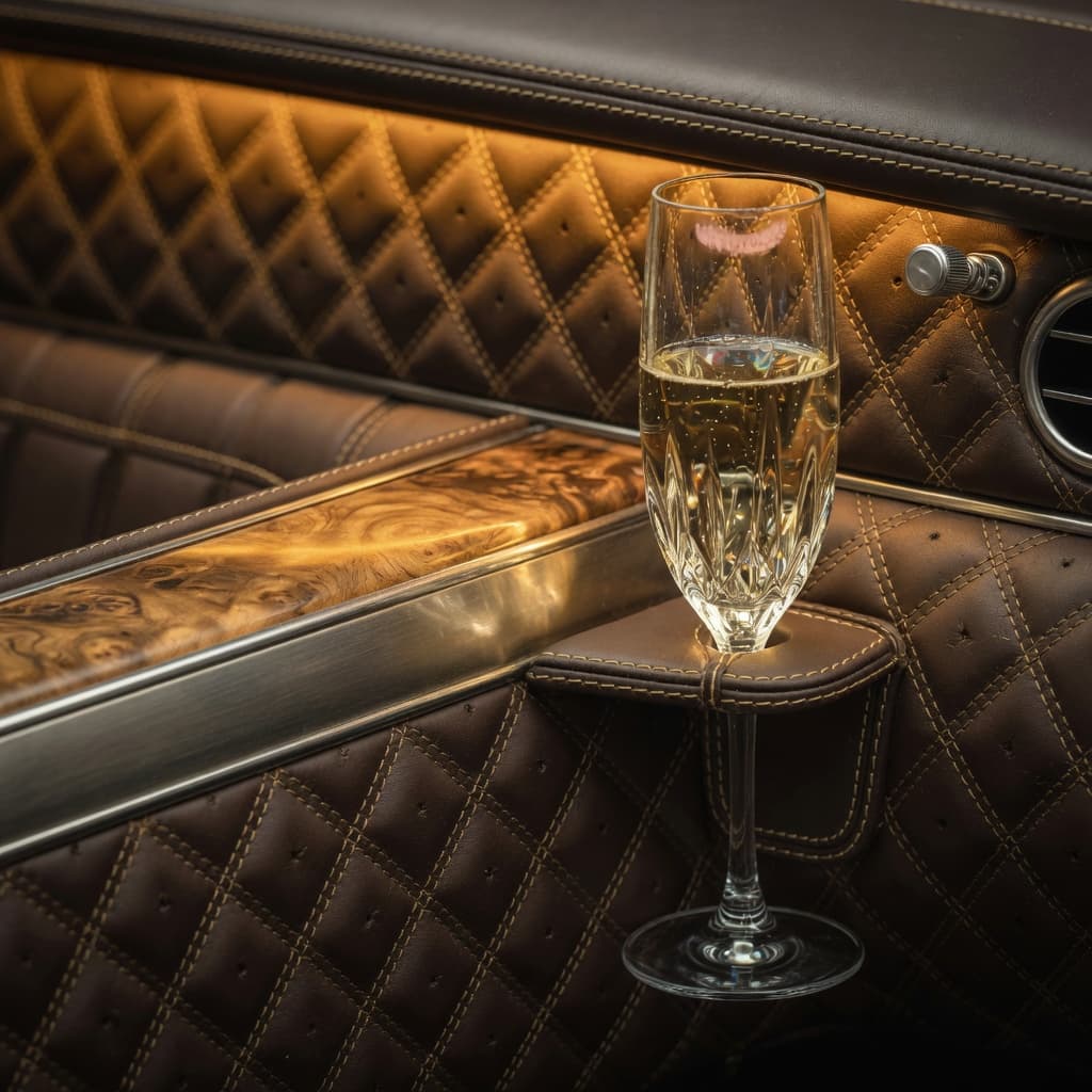 Hand-finished luxury vehicle interior with champagne service
