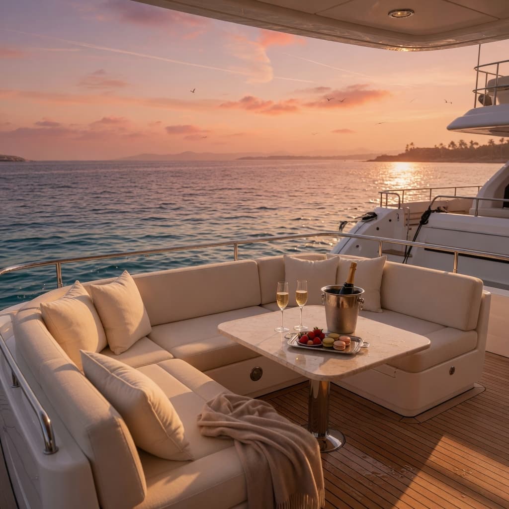 Private yacht deck prepared for guests at sunset